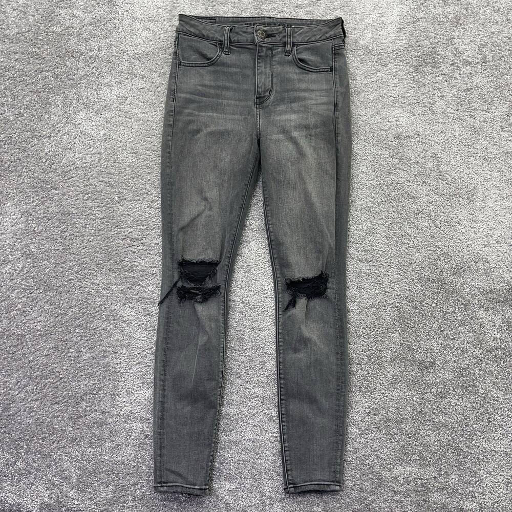 American Eagle Jeans Womens 4 Reg Gray Hi Rise Jegging Distressed Rips Denim